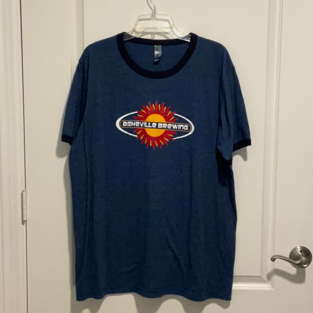 XXL Asheville Brewing/Hunter S. Thompson T-shirt, blue, navy collar/sleeve rings